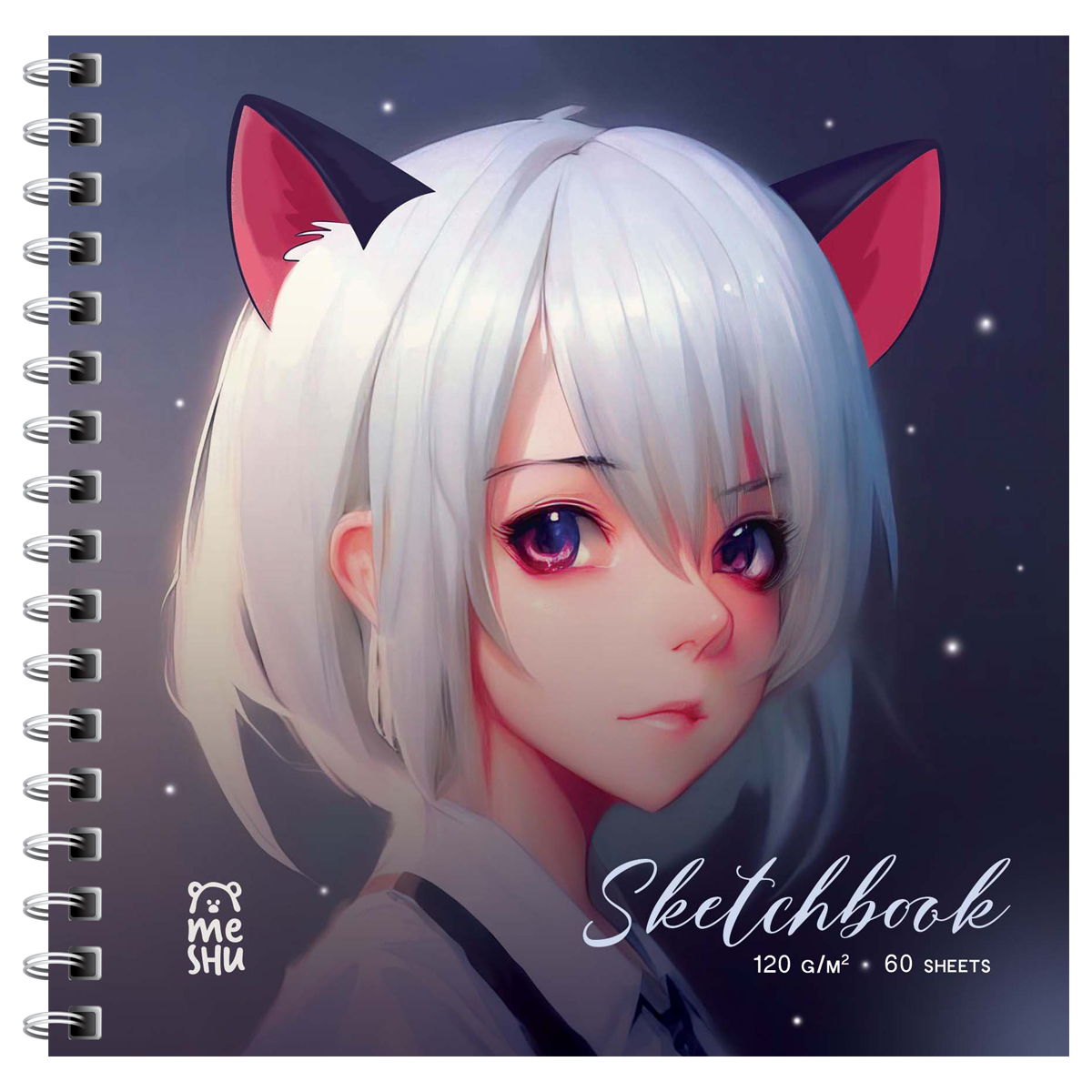 Скетчбук 60л., 150*150 MESHU "Neko", на гребне, выб. лак, soft-touch, Скетчбук 60л., 150*150 MESHU "Neko", на гребне, выб. лак, soft-touch,