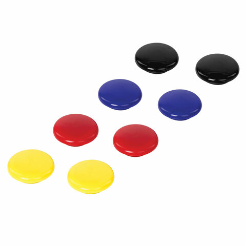 Магниты диаметром 30 мм, КОМПЛЕКТ 8 штук, цвет АССОРТИ, в блистере, BRAUBERG,