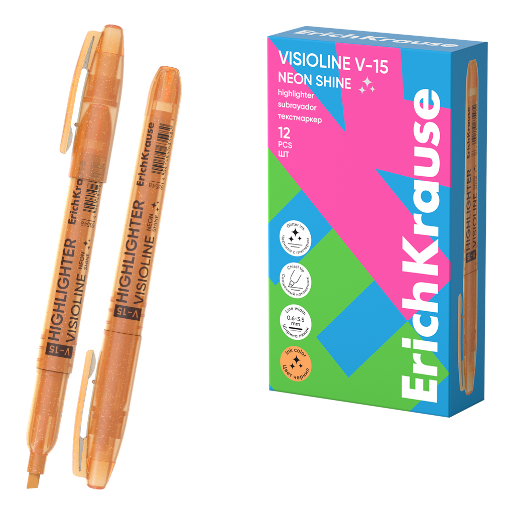 Текстмаркер ErichKrause Visioline V-15 Neon Shine, цвет чернил оранжевый (в Текстмаркер ErichKrause Visioline V-15 Neon Shine, цвет чернил оранжевый (в