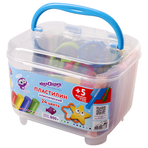 Пластилин в боксе ЮНЛАНДИЯ, 24 цвета, 800 г, скалка, стек, 5 формочек, 105867 Пластилин в боксе ЮНЛАНДИЯ, 24 цвета, 800 г, скалка, стек, 5 формочек, 105867