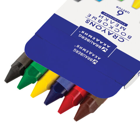 Восковые карандаши утолщенные BRAUBERG "АКАДЕМИЯ", НАБОР 6 цветов, Восковые карандаши утолщенные BRAUBERG "АКАДЕМИЯ", НАБОР 6 цветов,