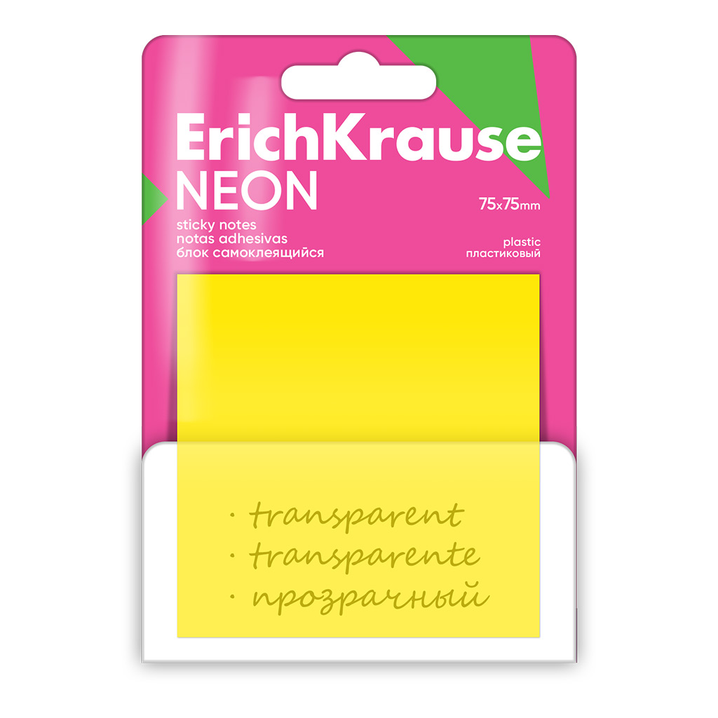 Блок самоклеящийся пластиковый Erich Krause Neon, 75X75 мм, 50 листов, ассорти Блок самоклеящийся пластиковый Erich Krause Neon, 75X75 мм, 50 листов, ассорти