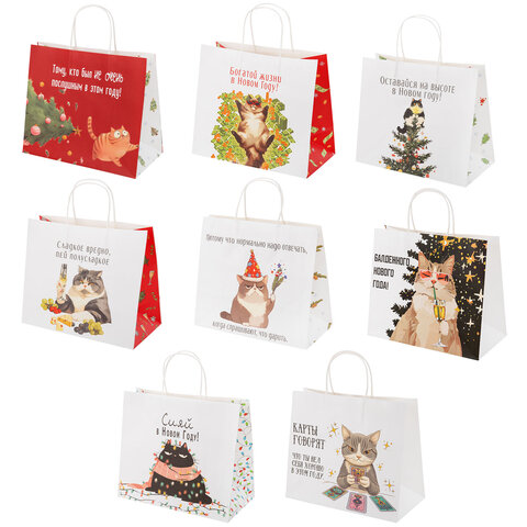 Пакет подарочный (1 штука), новогодний, 28х14х24 см "Котики", крафт,