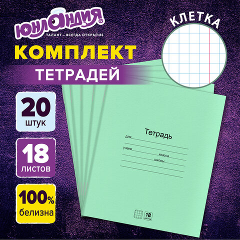 Тетради ДЭК 18 л. КОМПЛЕКТ 20 шт. с ЗЕЛЁНОЙ обложкой, ЮНЛАНДИЯ, клетка, 106744 Тетради ДЭК 18 л. КОМПЛЕКТ 20 шт. с ЗЕЛЁНОЙ обложкой, ЮНЛАНДИЯ, клетка, 106744