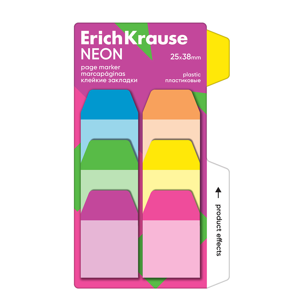 Клейкие закладки пластиковые Erich Krause Neon, 25X38 мм, 60 листов, 6 цветов Клейкие закладки пластиковые Erich Krause Neon, 25X38 мм, 60 листов, 6 цветов