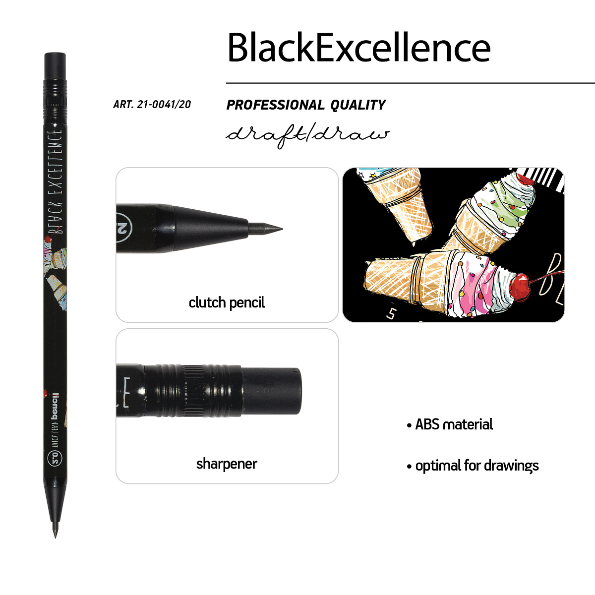 КАРАНДАШ МЕХАНИЧЕСКИЙ ЦАНГОВЫЙ С ТОЧИЛКОЙ "Black Excellence. Рожок" 2