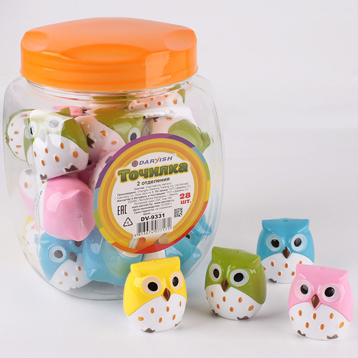 Точилка пластиковая "Darvish" 2 отдел. с контейнером в форме совы Точилка пластиковая "Darvish" 2 отдел. с контейнером в форме совы