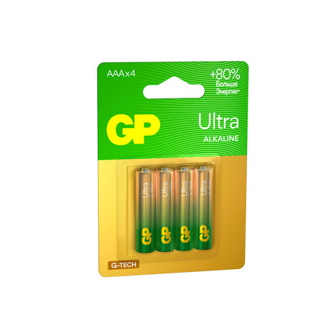Батарейки КОМПЛЕКТ 4 шт., GP Ultra G-Tech, AAA (LR03, 24А), алкалиновые,