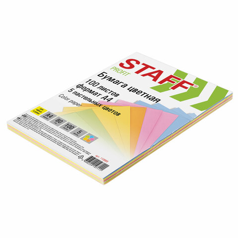 Бумага цветная STAFF COLOR, А4, 80 г/м2, 100 л. (5 цв. х 20 л.), пастель, для Бумага цветная STAFF COLOR, А4, 80 г/м2, 100 л. (5 цв. х 20 л.), пастель, для