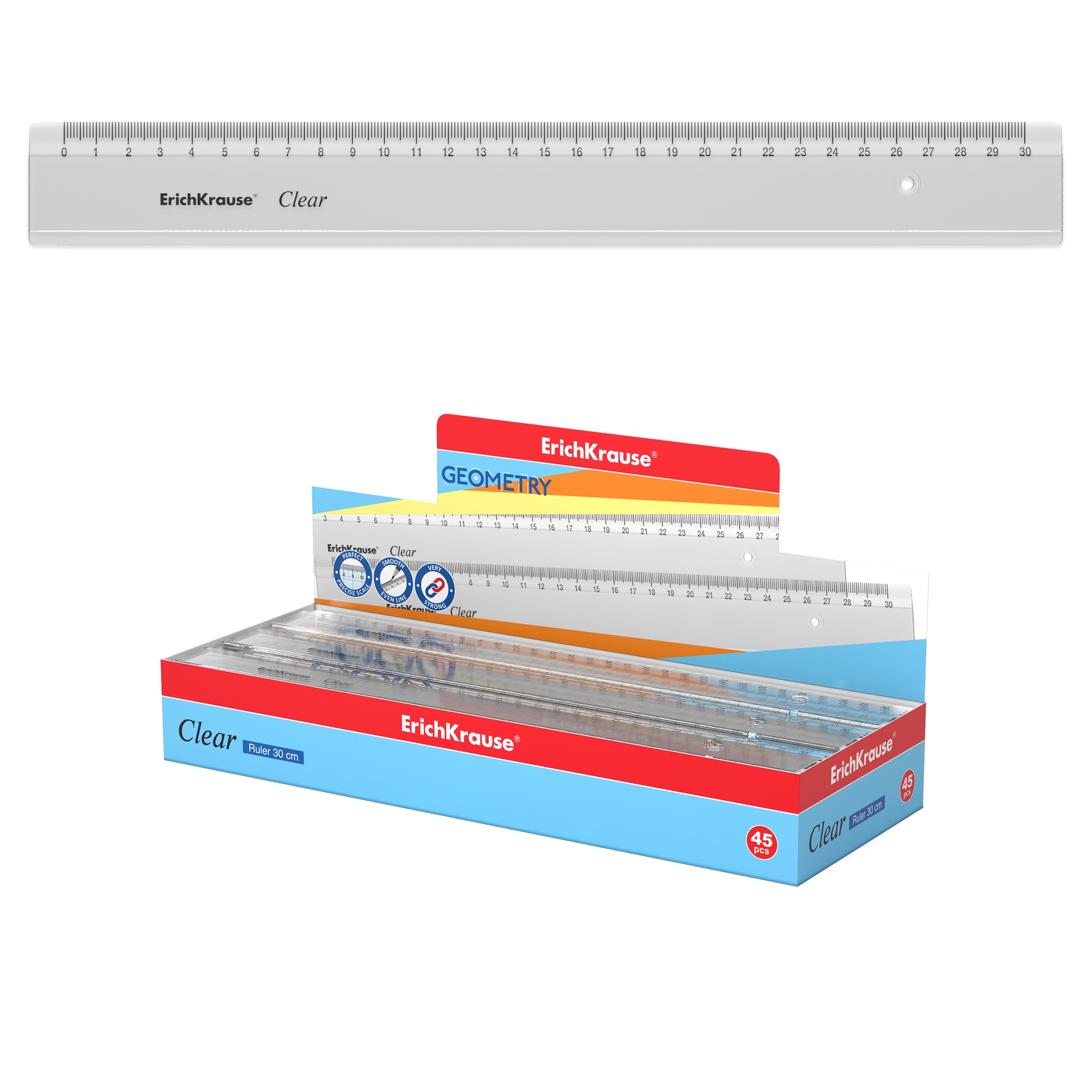 Линейка пластиковая Erich Krause Clear, 30см, прозрачный, в коробке-дисплее Линейка пластиковая Erich Krause Clear, 30см, прозрачный, в коробке-дисплее