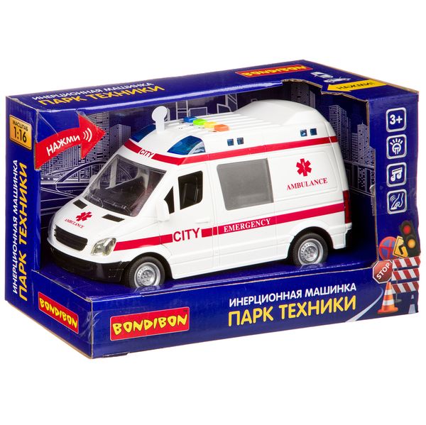 Инерционная машинка Bondibon «ПАРК ТЕХНИКИ», скорая, свет, звук BOX 27,5х12х17. Инерционная машинка Bondibon «ПАРК ТЕХНИКИ», скорая, свет, звук BOX 27,5х12х17.