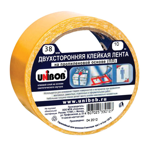 Клейкая двухсторонняя лента 38 мм х 10 м, ТОНКАЯ ОСНОВА полипропилен, UNIBOB, Клейкая двухсторонняя лента 38 мм х 10 м, ТОНКАЯ ОСНОВА полипропилен, UNIBOB,