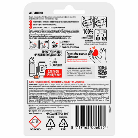 Блок туалетный подвесной твердый 40 г ДОМЕСТОС "Атлантик", основной