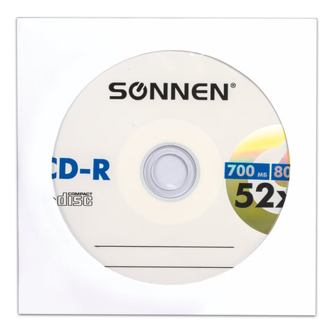 Диск CD-R SONNEN, 700 Mb, 52x, бумажный конверт (1 штука), 512573 Диск CD-R SONNEN, 700 Mb, 52x, бумажный конверт (1 штука), 512573