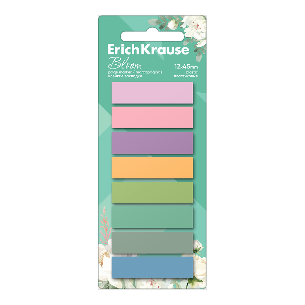 Клейкие закладки пластиковые Erich Krause Pastel Bloom, 12х45 мм, 160 листов, 8 Клейкие закладки пластиковые Erich Krause Pastel Bloom, 12х45 мм, 160 листов, 8