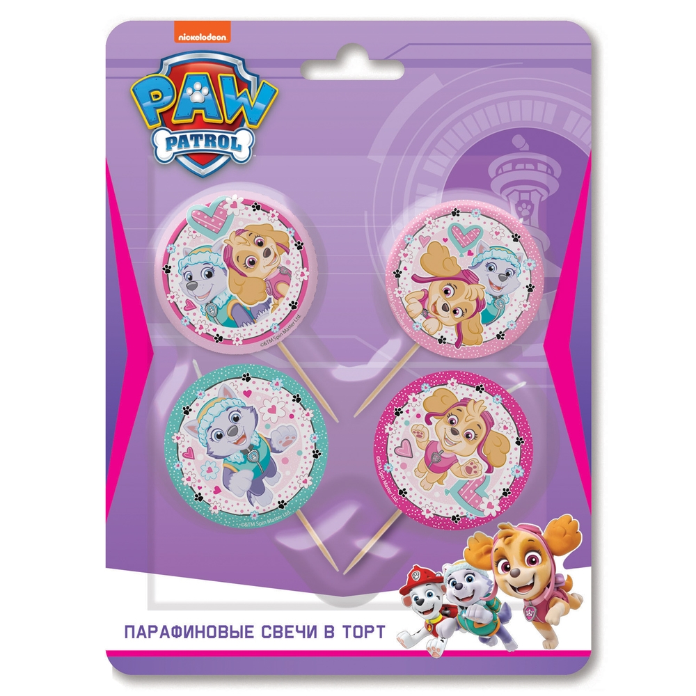 Щенячий патруль. Парафиновые свечи в торт, 4 штуки, в блистере (для девочек) Щенячий патруль. Парафиновые свечи в торт, 4 штуки, в блистере (для девочек)