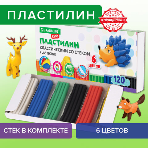 Пластилин классический BRAUBERG "KIDS", 6 цветов, 120 г, стек, ВЫСШЕЕ Пластилин классический BRAUBERG "KIDS", 6 цветов, 120 г, стек, ВЫСШЕЕ
