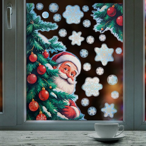 Наклейка для окон двусторонняя, 30х38 см "Дед Мороз", глиттер, Наклейка для окон двусторонняя, 30х38 см "Дед Мороз", глиттер,