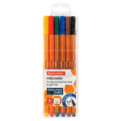Ручки капиллярные (линеры) 6 ЦВЕТОВ, BRAUBERG "FINE 040", Ручки капиллярные (линеры) 6 ЦВЕТОВ, BRAUBERG "FINE 040",