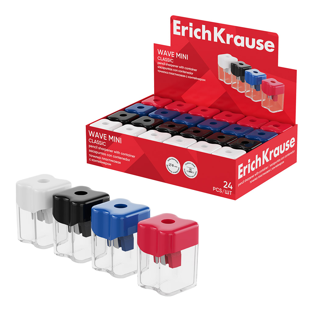 Точилка пластиковая ErichKrause Wave Mini, Classic, с контейнером, ассорти (в Точилка пластиковая ErichKrause Wave Mini, Classic, с контейнером, ассорти (в