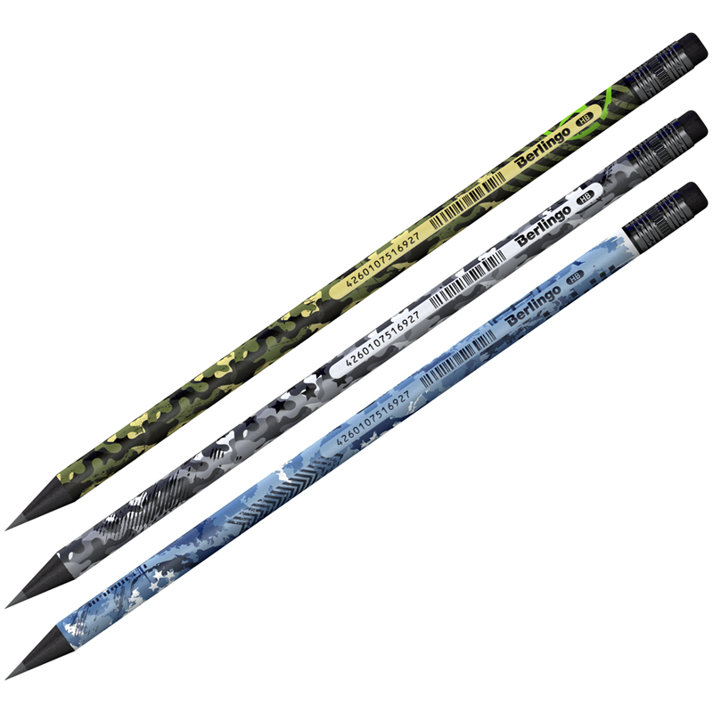 Карандаш ч/г Berlingo "Military" HB, круглый, с ластиком, черное Карандаш ч/г Berlingo "Military" HB, круглый, с ластиком, черное