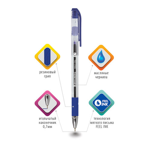 Ручка шариковая масляная с грипом BRAUBERG "Max-Oil", СИНЯЯ,