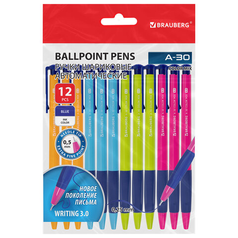 Ручки шариковые автоматические BRAUBERG A-30 COLOR MIX "WRITING 3.0", Ручки шариковые автоматические BRAUBERG A-30 COLOR MIX "WRITING 3.0",