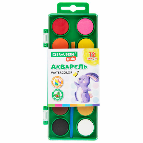 Краски акварельные BRAUBERG KIDS, 12 ярких цветов, круглые кюветы, пластиковый