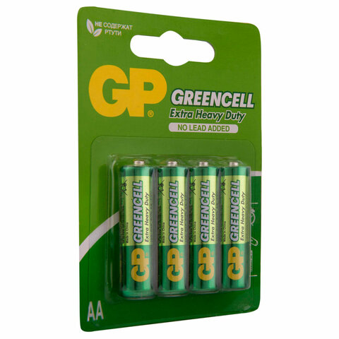 Батарейки КОМПЛЕКТ 4 шт., GP GreenCell AA (R6, 15G), солевые, пальчиковые,