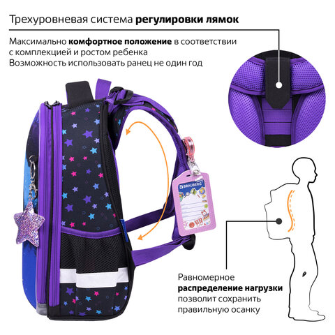 Ранец BRAUBERG PREMIUM, 2 отделения, с брелком, "Neon сat", 38х29х16