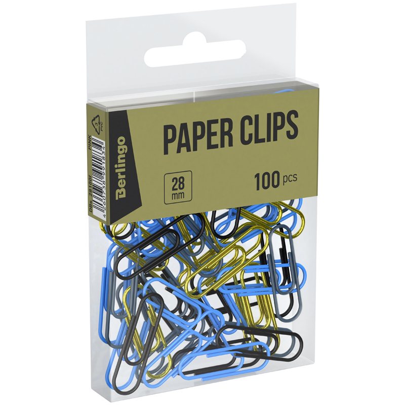 Скрепки 28мм, Berlingo, 100шт, цветные, ПВХ упак., европодвес, голубой+золотой Скрепки 28мм, Berlingo, 100шт, цветные, ПВХ упак., европодвес, голубой+золотой