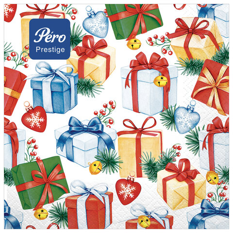 Салфетки бумажные 20 штук, 33х33 см, "Подарки", 3-х слойные, PERO Салфетки бумажные 20 штук, 33х33 см, "Подарки", 3-х слойные, PERO