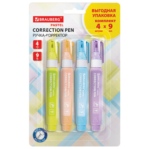 Ручка-корректор 9 мл ВЫГОДНАЯ УПАКОВКА, КОМПЛЕКТ 4 штуки, BRAUBERG PASTEL, Ручка-корректор 9 мл ВЫГОДНАЯ УПАКОВКА, КОМПЛЕКТ 4 штуки, BRAUBERG PASTEL,