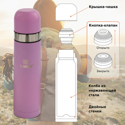 Термос LAIMA классический с узким горлом (2 чашки) 0,5 л, нержавеющая сталь,