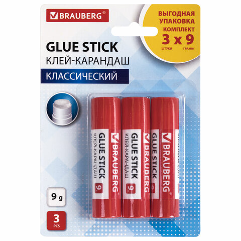 Клей-карандаш 9 г ВЫГОДНАЯ УПАКОВКА BRAUBERG, 3 штуки на блистере, 271305 Клей-карандаш 9 г ВЫГОДНАЯ УПАКОВКА BRAUBERG, 3 штуки на блистере, 271305
