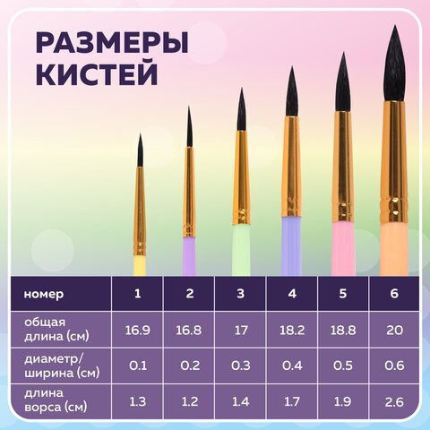 Кисти БЕЛКА набор 6 шт. (круглые № 1, 2, 3, 4, 5, 6), блистер, BRAUBERG KIDS,
