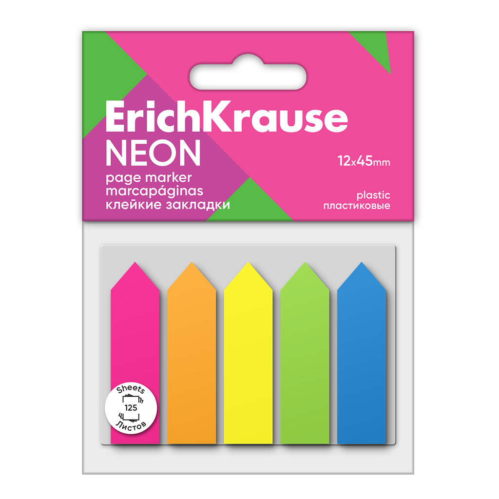 Клейкие закладки пластиковые Erich Krause Neon Arrows, 12х45 мм, 125 листов, 5 Клейкие закладки пластиковые Erich Krause Neon Arrows, 12х45 мм, 125 листов, 5