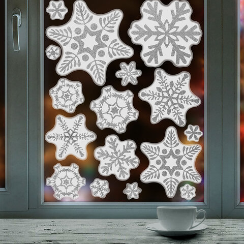 Наклейка для окон, 64 СНЕЖИНКИ, КОМПЛЕКТ 4 шт., 30х38 см, глиттер, серебро, Наклейка для окон, 64 СНЕЖИНКИ, КОМПЛЕКТ 4 шт., 30х38 см, глиттер, серебро,