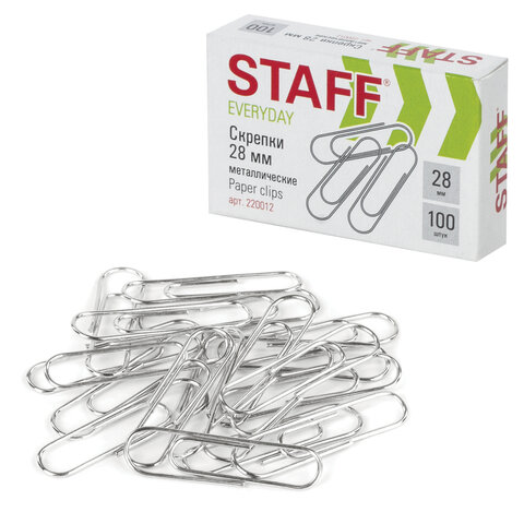 Скрепки STAFF, 28 мм, металлические, 100 шт., в картонной коробке, Россия, Скрепки STAFF, 28 мм, металлические, 100 шт., в картонной коробке, Россия,