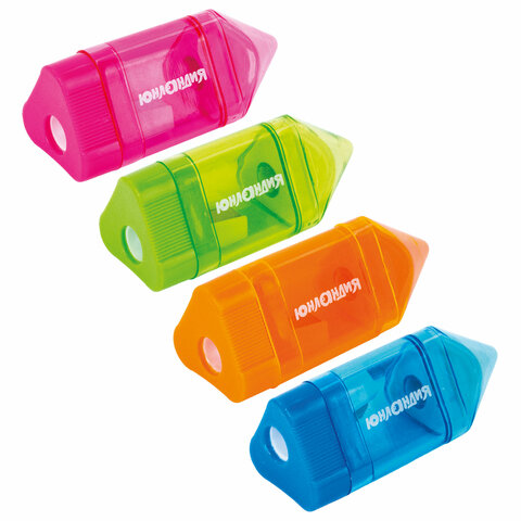 Точилка ЮНЛАНДИЯ "Карандашик" с контейнером и ластиком 2 в 1, НАБОР 4