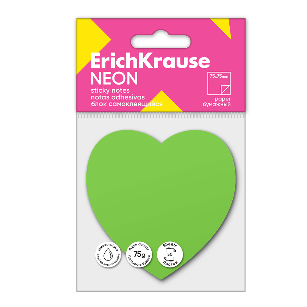 Блок самоклеящийся бумажный Erich Krause Heart Neon, 50 листов, зеленый Блок самоклеящийся бумажный Erich Krause Heart Neon, 50 листов, зеленый