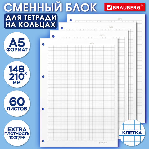 Сменный блок для тетради на кольцах А5, 60 л., BRAUBERG, EXTRA ПЛОТНЫЙ 100 г/м2, Сменный блок для тетради на кольцах А5, 60 л., BRAUBERG, EXTRA ПЛОТНЫЙ 100 г/м2,