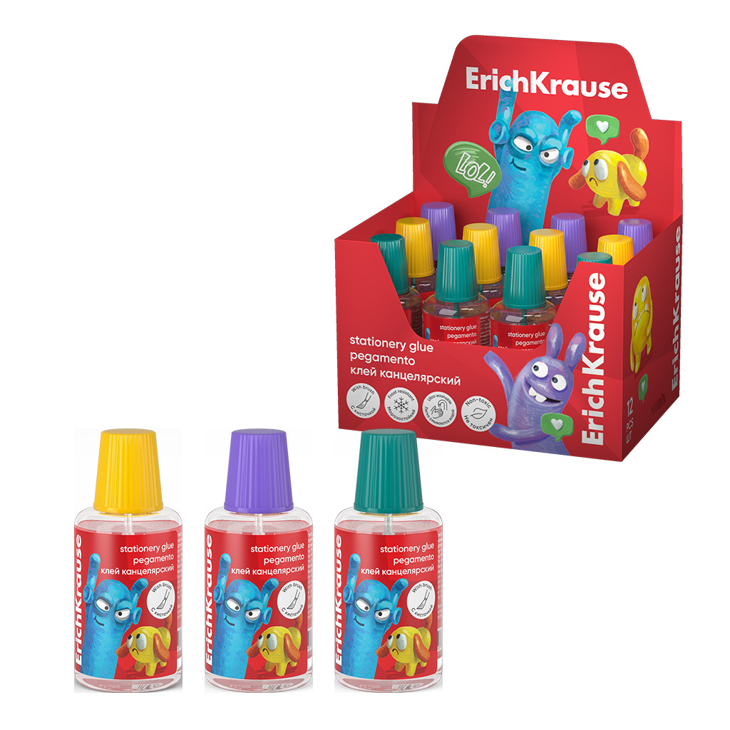 Клей канцелярский ErichKrause EasyStick Jolly Friends, с кисточкой, 20мл, Клей канцелярский ErichKrause EasyStick Jolly Friends, с кисточкой, 20мл,