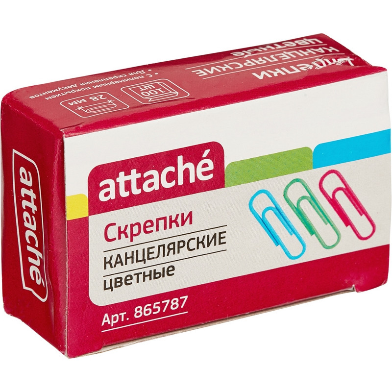 Скрепки 28 мм 100 шт./уп. Attache цветные, полимерное покрытие, карт.кор Скрепки 28 мм 100 шт./уп. Attache цветные, полимерное покрытие, карт.кор