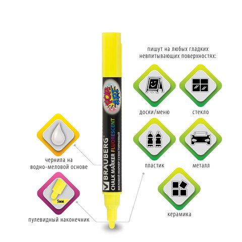 Маркер меловой BRAUBERG "POP-ART", сухостираемый, для гладких Маркер меловой BRAUBERG "POP-ART", сухостираемый, для гладких