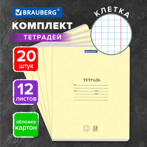 Тетради ДЭК 12 л. КОМПЛЕКТ 20 шт. BRAUBERG "КЛАССИКА NEW", клетка, Тетради ДЭК 12 л. КОМПЛЕКТ 20 шт. BRAUBERG "КЛАССИКА NEW", клетка,