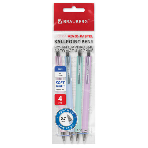 Ручки шариковые автоматические BRAUBERG "VIVID PASTEL", СИНИЕ, НАБОР 4 Ручки шариковые автоматические BRAUBERG "VIVID PASTEL", СИНИЕ, НАБОР 4