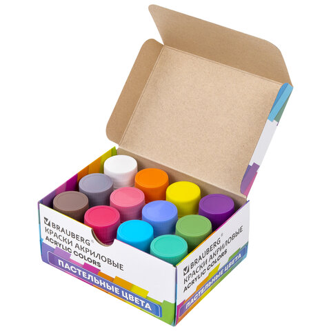 Краски акриловые художественные 12 ПАСТЕЛЬНЫХ цветов в банках по 22 мл, BRAUBERG Краски акриловые художественные 12 ПАСТЕЛЬНЫХ цветов в банках по 22 мл, BRAUBERG