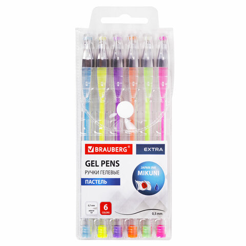 Ручки гелевые ПАСТЕЛЬ BRAUBERG "EXTRA", НАБОР 6 ЦВЕТОВ, узел 0,7 мм,