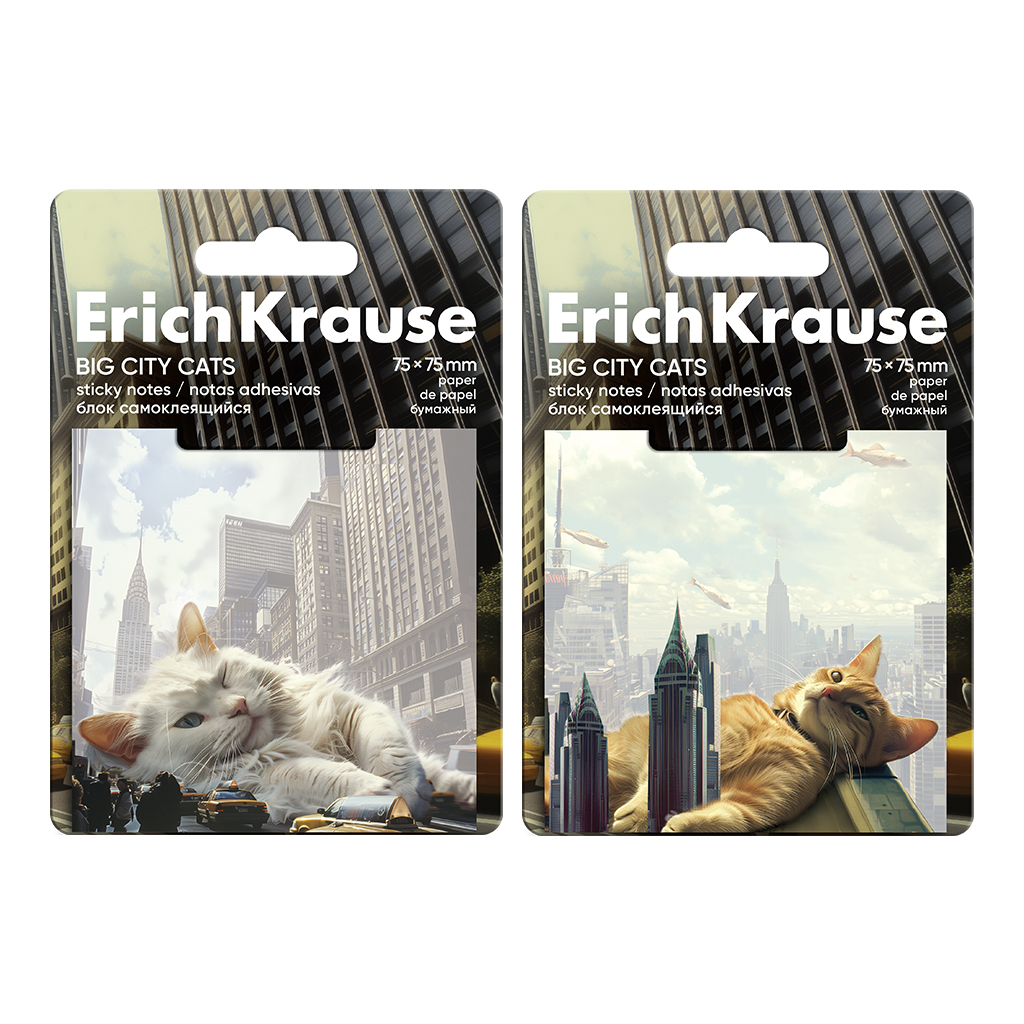 Блок самоклеящийся бумажный ErichKrause Big City Cats, 75х75 мм, 50 листов, Блок самоклеящийся бумажный ErichKrause Big City Cats, 75х75 мм, 50 листов,